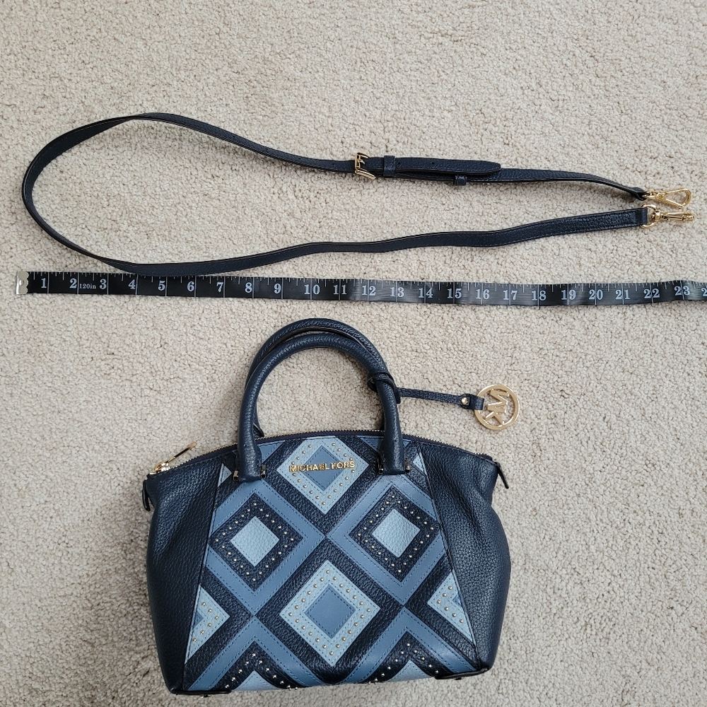 Like New Michael Kors Riley Blue Studded Patchwork Satchel - Picture 12 of 15